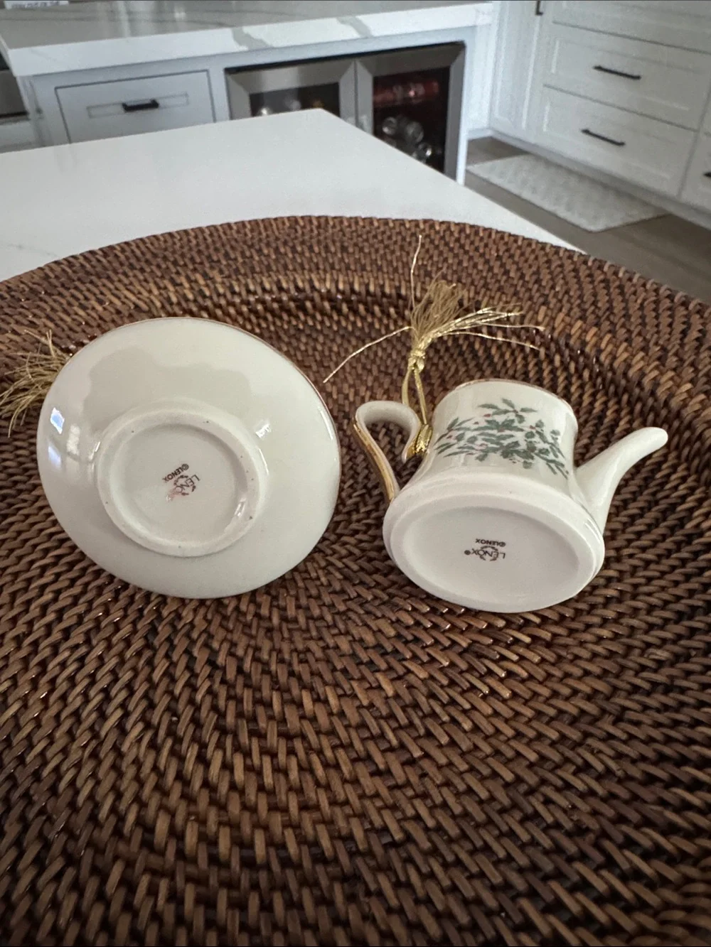Lenox Lot Of 2 Ornaments Holly & Berries Teapot & Holiday Cup & Saucer